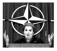 Madeline Albright before symbol of NATO